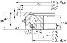 四點接觸球軸承 VLI200944-N, 輕系列 20， 內部的齒輪齒，兩側唇密封